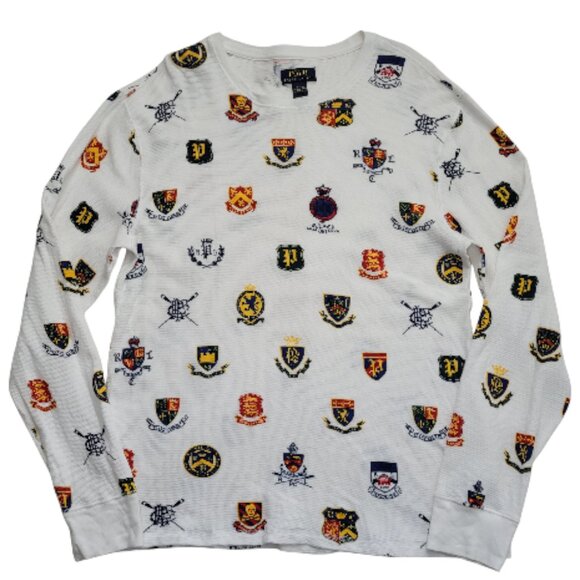 Polo Ralph Lauren Waffle Knit Thermal Shirt All Over Herald Crest Mens Large - Picture 1 of 10
